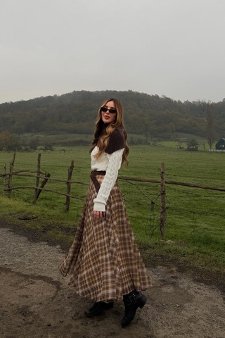 Kahverengi Şifon Ekoseli Etek - 0613 Kahverengi