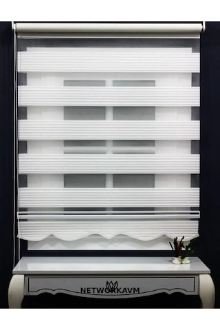 Geniş Pliseli Etek Dilimli Ekru Beyaz Zebra Stor Güneşlik Perde Beyaz