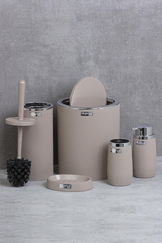 Okyanus Home Vizon Kromlu Çizgili Yuvarlak 5'Li Banyo Seti Vizon