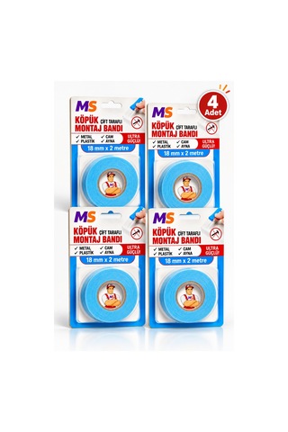 4 Adet Ultra Güçlü 18 Mm X 2 Metre Çift Taraflı Köpük Montaj Bandı Metal Plastik Cam Bantı Bantları