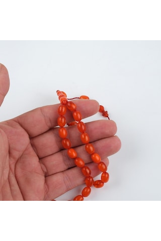 Sıkma Kehribar Usta İşi İmzalı Beyzi Kesim 7x9.5mm Tesbih - Turuncu Turuncu