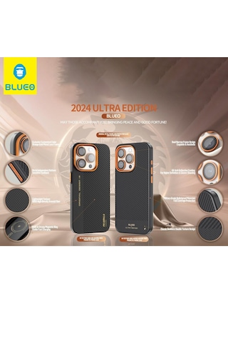 Mr. Gorilla Apple iPhone 15 Pro Max Uyumlu Karbon Fiber Kılıf Magsafe Uyumlu Turuncu Metal Detaylı Kılıf