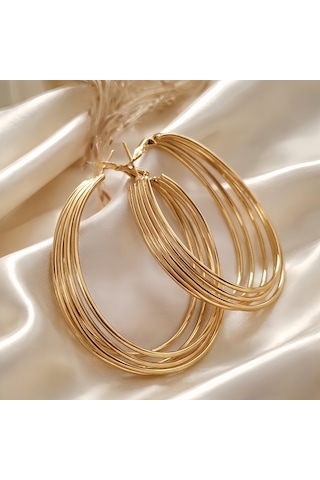 Katmanlı Halka İnterlock Hoop Gold Renk Küpe 6cm Gold