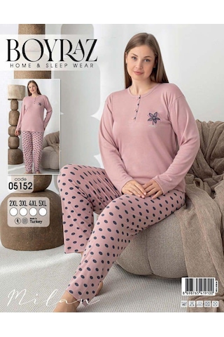 Boyraz Lindros Kadın Pamuk'lu Düğme Yaka Raporlu İnterlok Kışlık Battal Pijama Takımı 05152 - 1 Adet Gülkurusu