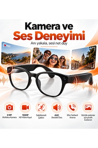 Yapay Zeka Destekli Akıllı Gözlük 8 Mp Kamera, 1080p Video, Wi-fi, Fotokromik Lens Ve 3 Lens Seti