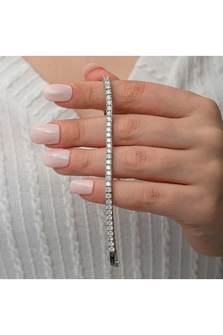 Gümüş 3.5 Mm Beyaz Taşlı Su Yolu Kadın Bileklik Çok Renkli