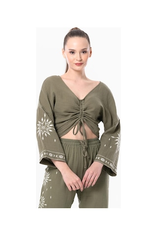 Uzun Kol Günışığı Büzgü Detaylı Yazlık Müslin Bluz Haki Hk-haki Haki