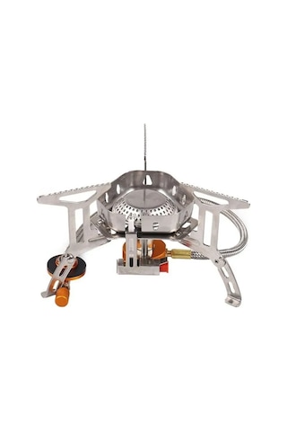 Youtek Taşınabilir Rüzgar Geçirmez Kamp Ocağı - Elektrikli Ateşleme, Ayarlanabilir Alev, Düz Gaz Bağlantısı Gümüş