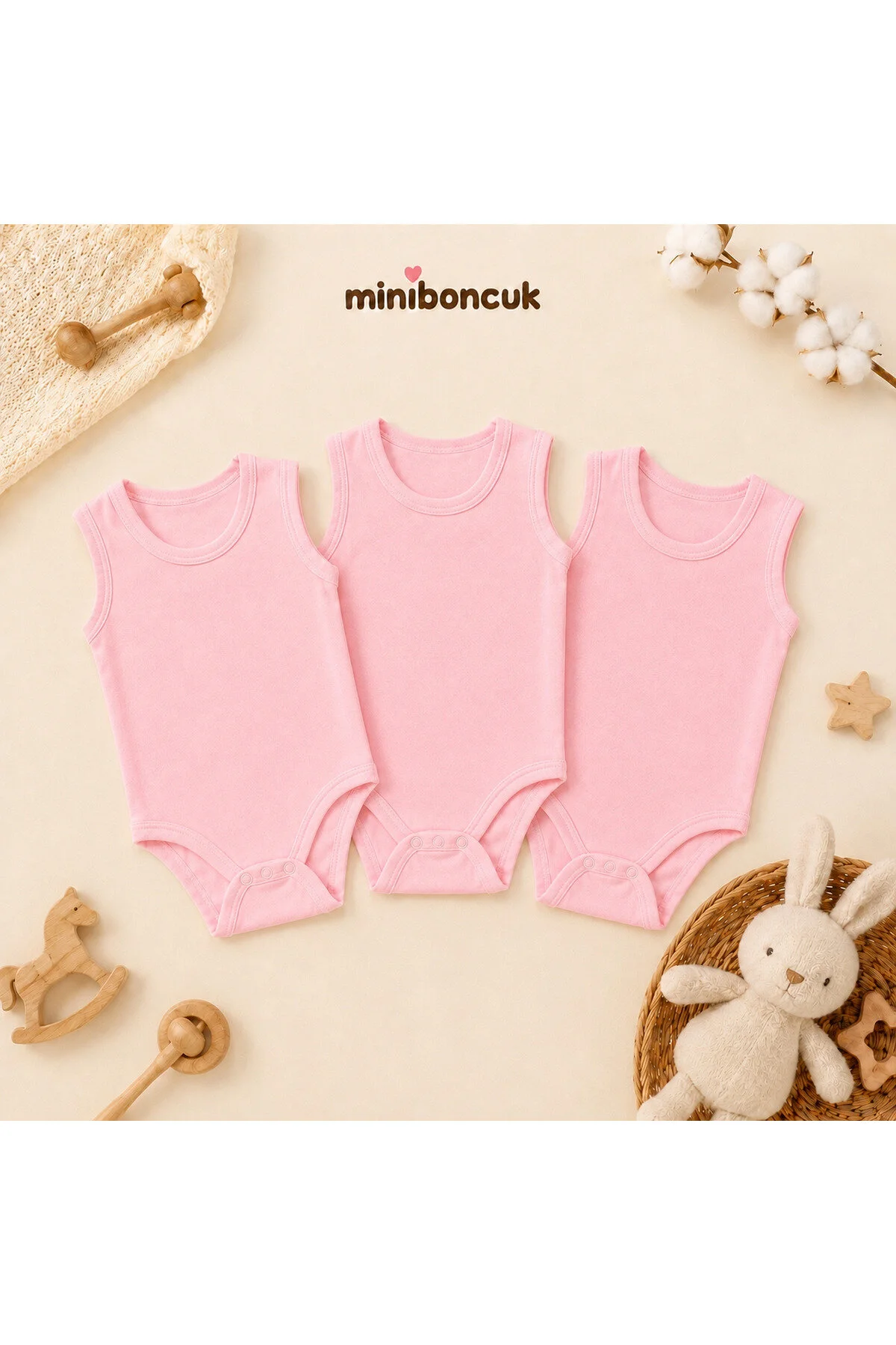 Mini Boncuk %100 Pamuk 3 Lü Pembe Askılı Bebek Body Atlet Seti