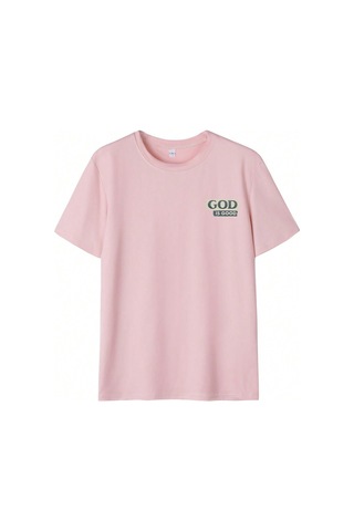 God Is Good T-shirt - Pembe Baskılı Oversize Bisiklet Yaka Kısa Kol Tişört Pembe