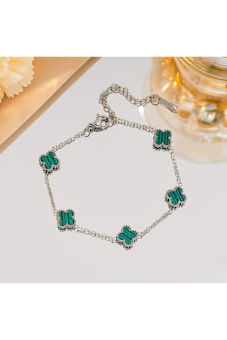 Çelik Bileklik Dört Yapraklı Küçük Yonca Yeşil Çizgili Sedef Taşlı Uzunluk 18 Cm Gümüş Gümüş