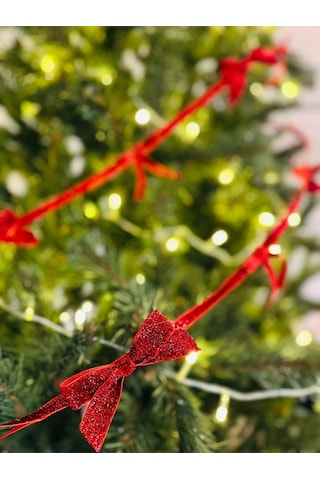 Yılbaşı Kırmızı Simli Kadife Kurdele Fiyonk Noel Çam Ağaç Süsü 1 Adet