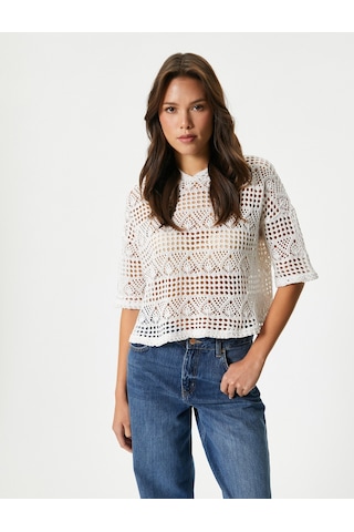 Koton Crop Ajurlu Sweatshirt Kapüşonlu Kısa Kollu Kırık Beyaz 4sak10453ek Ekru