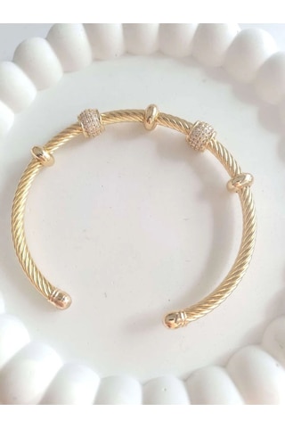 Çelik Gold Taşlı Kadın Kelepçe Bileklik Sevgiliye Hediye Altın