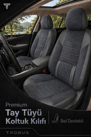 Renault Megane E-tech 2022+ Uyumlu Nova Serisi Tay Tüyü Bel Destekli Füme Siyah Koltuk Kılıfı
