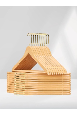 Naturel Ahşap Gold Lama Kancalı Elbise Pantolon Askısı 10 Adet Ahşap
