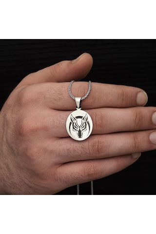 Yüzük Sanatı Kurt Motifli Oval Gümüş Erkek Kolye
