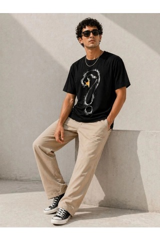 Freedom Storee Erkek Kuğu Figürlü Soru İşareti Baskılı Tişört Kısa Kol T-shirt - Siyah Çok Renkli