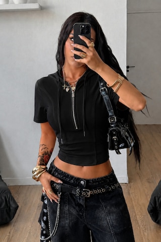 Tarz Cool Kapüşonlu Crop Tişört Fermuarlı Kısa Kollu Kadın Üst Body Siyah