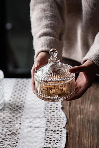 Çizgili Cam Şekerlik Beyaz