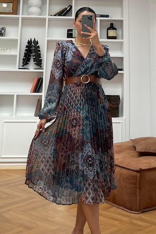 Madmext Kahverengi V Yaka Beli Lastikli Desenli Şifon Elbise Mg2225 Kahverengi