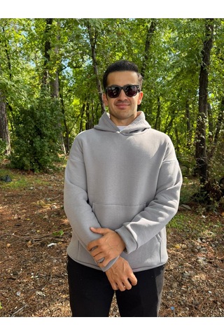Erkek 3 İplik Basic Oversize Kanguru Cepli Kapüşonlu Sweatshirt Açık Gri
