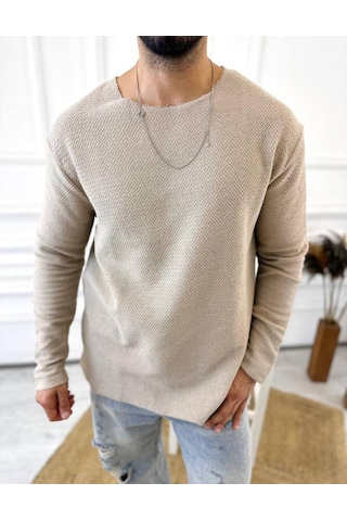 Kazak Oversize Tüylenmez Lazer Kesim Örme Keten Naturel Pamuk Karışımı Sweatshirt Krem