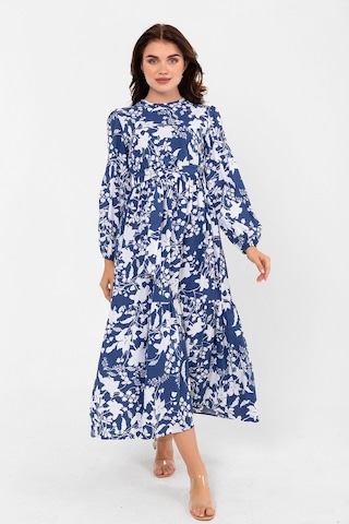 Yaprak Desenli Renkli Pamuklu Yazlık Baharlık Kuşaklı Elbise 2101 Lacivert