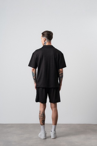 Erkek Respire Relined Yazılı Regular Fit T-shirt Şort Takım Siyah