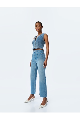 Koton İspanyol Paça Düğmeli Normal Bel Denim Pantolon - Flare Jeans Orta İndigo 5sal40132md Indigo