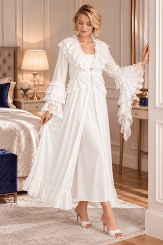 Mecit Pijama Mecit 6411 Ekru Dantel Detaylı Kadın Sabahlık Gecelik Takım