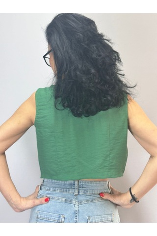 Gönülden Tasarım Zirkon Taş Püskül Apoletli Kadın Crop Bluz Yeşil