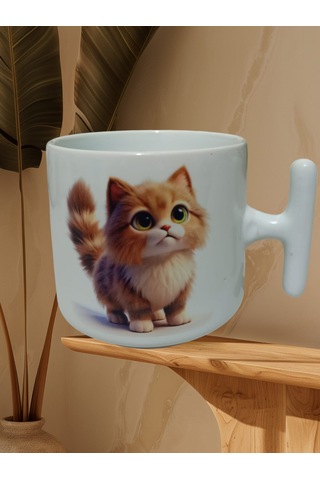 Sevimli Kedi Çift Taraf Baskılı T Kupa Bardak Beyaz T