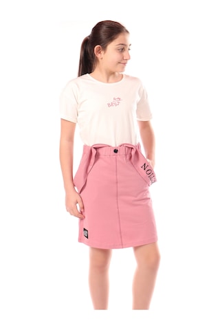 Toontoy Kız Çocuk Bisiklet Yaka Basic T-shirt Ve Askılı Cepli Nakış Baskılı Salopet Elbise - 2'li Takım Gülkurusu