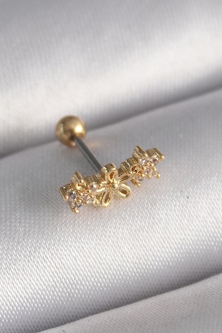 316l Çelik Gold Renk Zirkon Taşlı Çiçek Tragus Piercing Gümüş