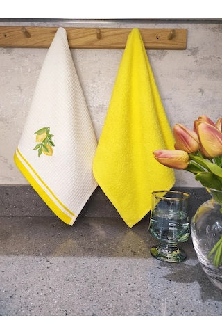 2 Li Mutfak Havlusu Sarı Renk & Limon Figürlü Kurulama Bezi - Yumuşak & Nakışlı Havlu Takımı Sarı