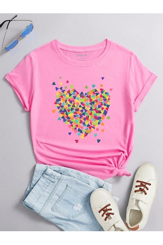 Renkli Kalpler T-shirt - Pembe Baskılı Oversize Bisiklet Yaka Kısa Kol Tişört Pembe