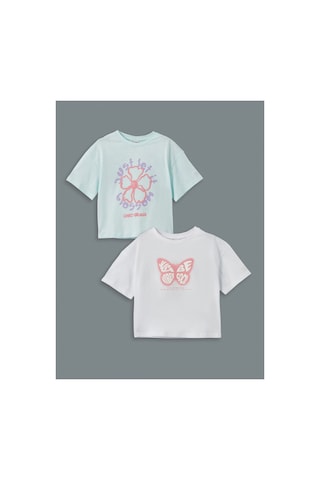 LC Waikiki Lcw Kids Yeşil Bisiklet Yaka Kız Çocuk Crop Tişört 2'li Pastel Green