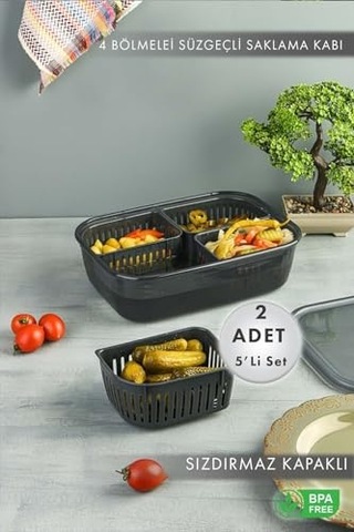 Adet 4 Bölmeli Süzgeçli Sızdırmaz Saklama Kabı- Zeytinlik Turşuluk Organizer 3 2 Litre Diğer
