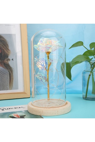 Geeroyoo Renkli Cam Kapaklı Altın Folyo Gül Dekoratif Led Gece Lambası - Plastik Çiçek + Ahşap Tabanlı, 20 Led Işıklı, Kaliteli Ve Dayanıklı Diğer