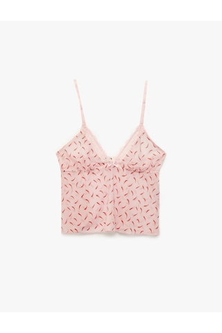 Koton Dantel Detaylı Fiyonklu İnce Askılı Pijama Üstü Pembe Desenli 6slk90066mk