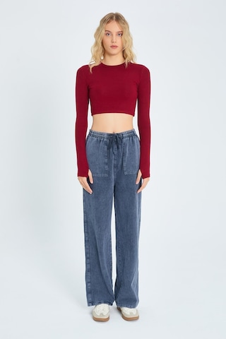 Mixray 2005 Kadın Bisiklet Yaka Parmak Geçmeli Crop Örme Bluz Bordo Bordo