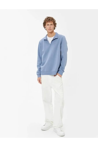 Koton Yarım Fermuarlı Yaka Sweatshirt Uzun Kollu Pamuk Karışımlı Mavi 5wam70002mk Mavi