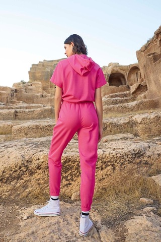 Monamise 23089 Kadın Kısa Kollu Kapişonlu Eşofman Takımı-pembe Pembe