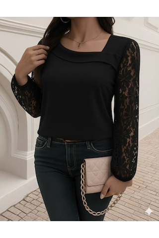 Tua Moda Kadın Uzun Kollu Asimetrik Yakalı Dantelli Ithal Krep Bluz Siyah