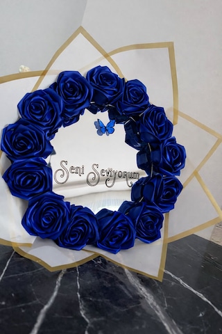 Mavi Aynalı Gül Buketi Çiçek Saks Mavi