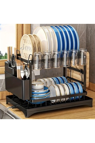 Honeybeeshop Siyah 2 Katlı Karbon Çelik Bulaşık Rafı Süzgeç Mutfak Eşyaları Tutucu Ve Bardak Askılı Siyah