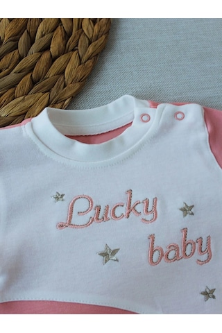 Veraura Lifestyle 0-3 3-6 Ay Lucky Baby Nakışlı Es Çizgi Boy Şapkalı Kız Bebek Tulumu Pudra
