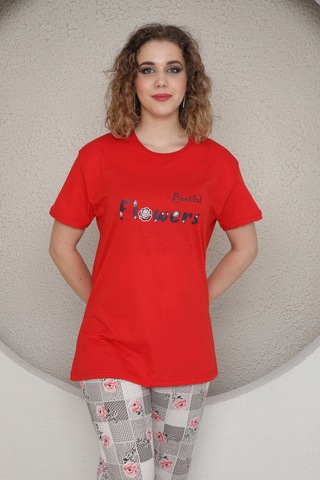 Fames Pijama Yazlik Çiçek Desen Kadin Pijama Takim Kırmızı