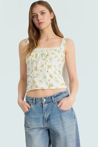 Ersefa Limon Desenli Kolsuz Crop Bluz Rahatlık Ve Şıklık Bir Arada Dayan Ekru